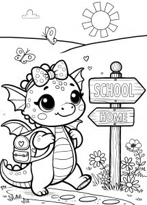Cute cartoon-style baby dragon with a backpack, happily walking to school. The dragon has a bow on its head and is surrounded by butterflies, flowers, and a sunny sky, with a sign pointing to 'School' and 'Home.' Fun back-to-school colouring page for kids.