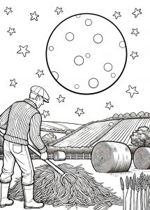 A picture to print and colour depicting a farmer working to bring in the crops from his field under the magical light of a bright Harvest Moon.