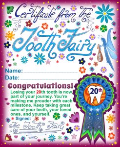 A printable Tooth Fairy certificate for a child who has lost their 20th tooth.