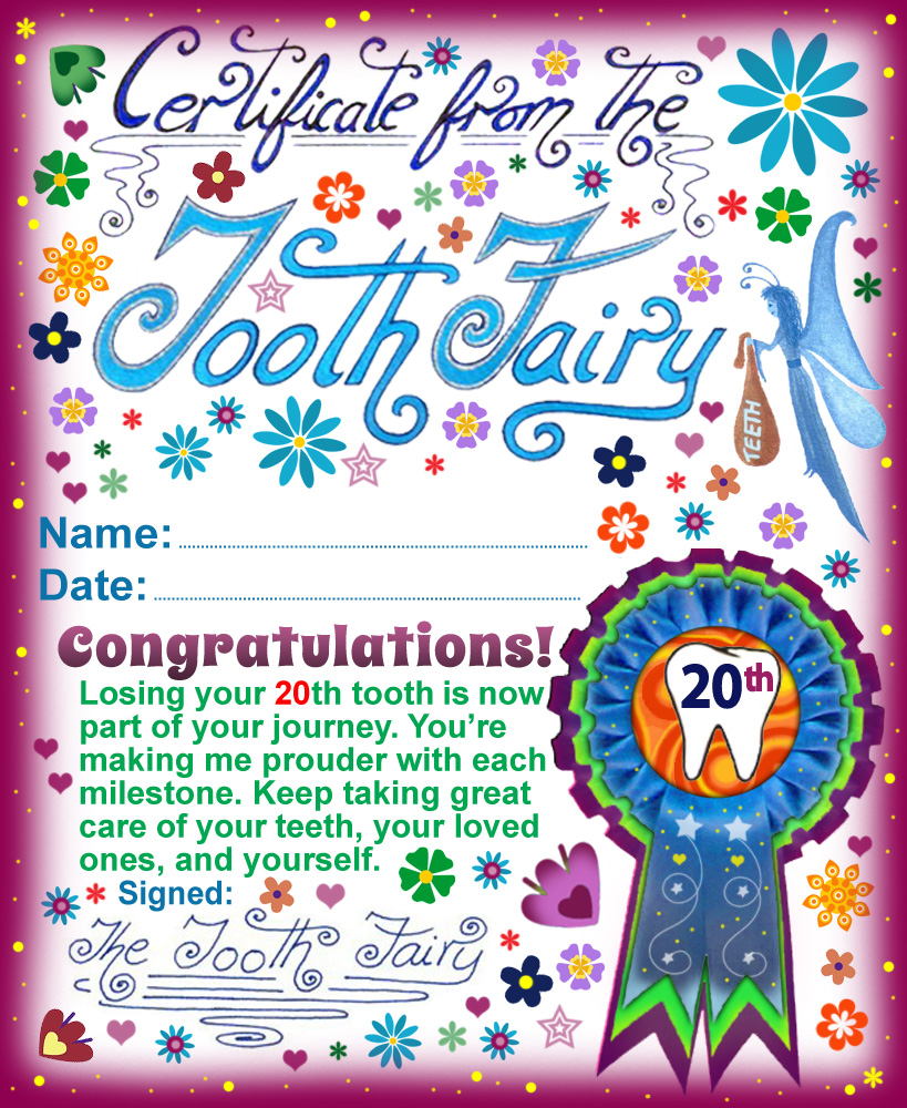 A printable Tooth Fairy certificate for a child who has lost their 20th tooth.