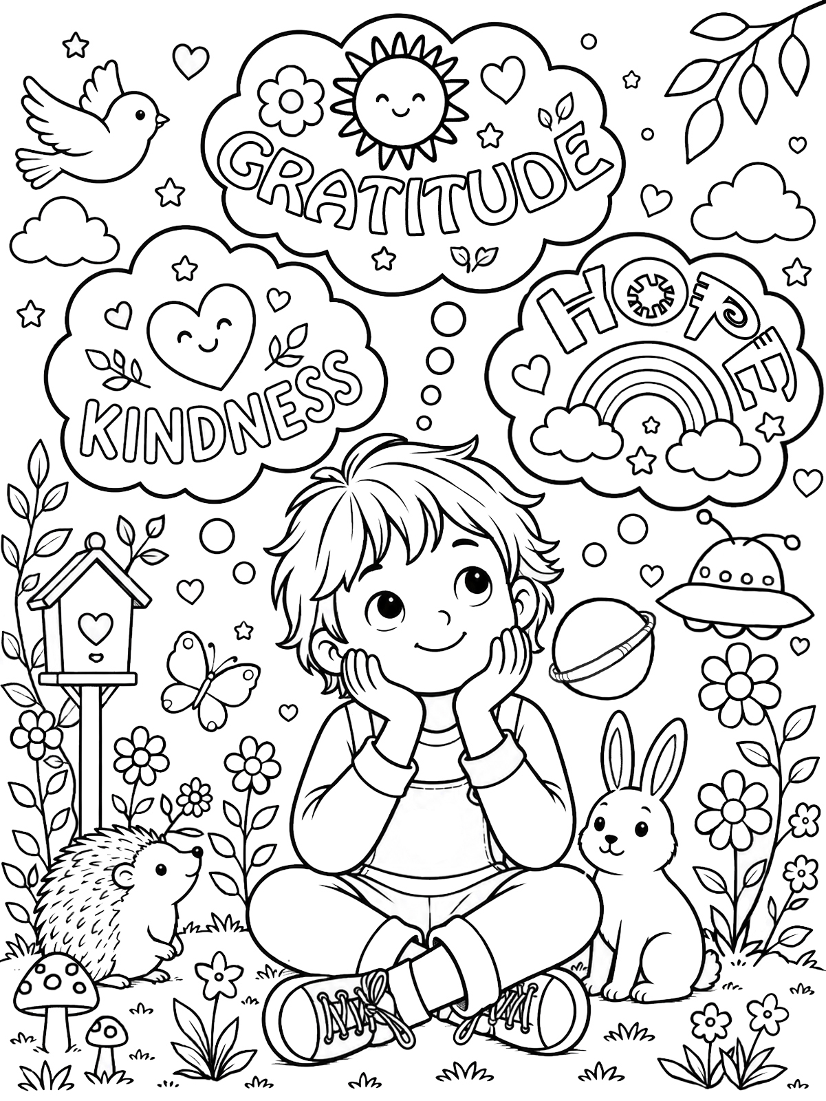 A child thinking about gratitude, kindness and hope in a positive thoughts wellbeing colouring page for children.