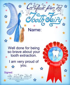 Printable Tooth Fairy certificate for a child who has had a tooth extracted. Features a blue fairy holding a bag labeled 'teeth,' a red rosette with a tooth illustration, and decorative text that praises the child's bravery.