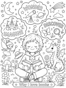 Child reading a book while thinking about wonder, imagination and discovery in a positive thoughts colouring page for children.