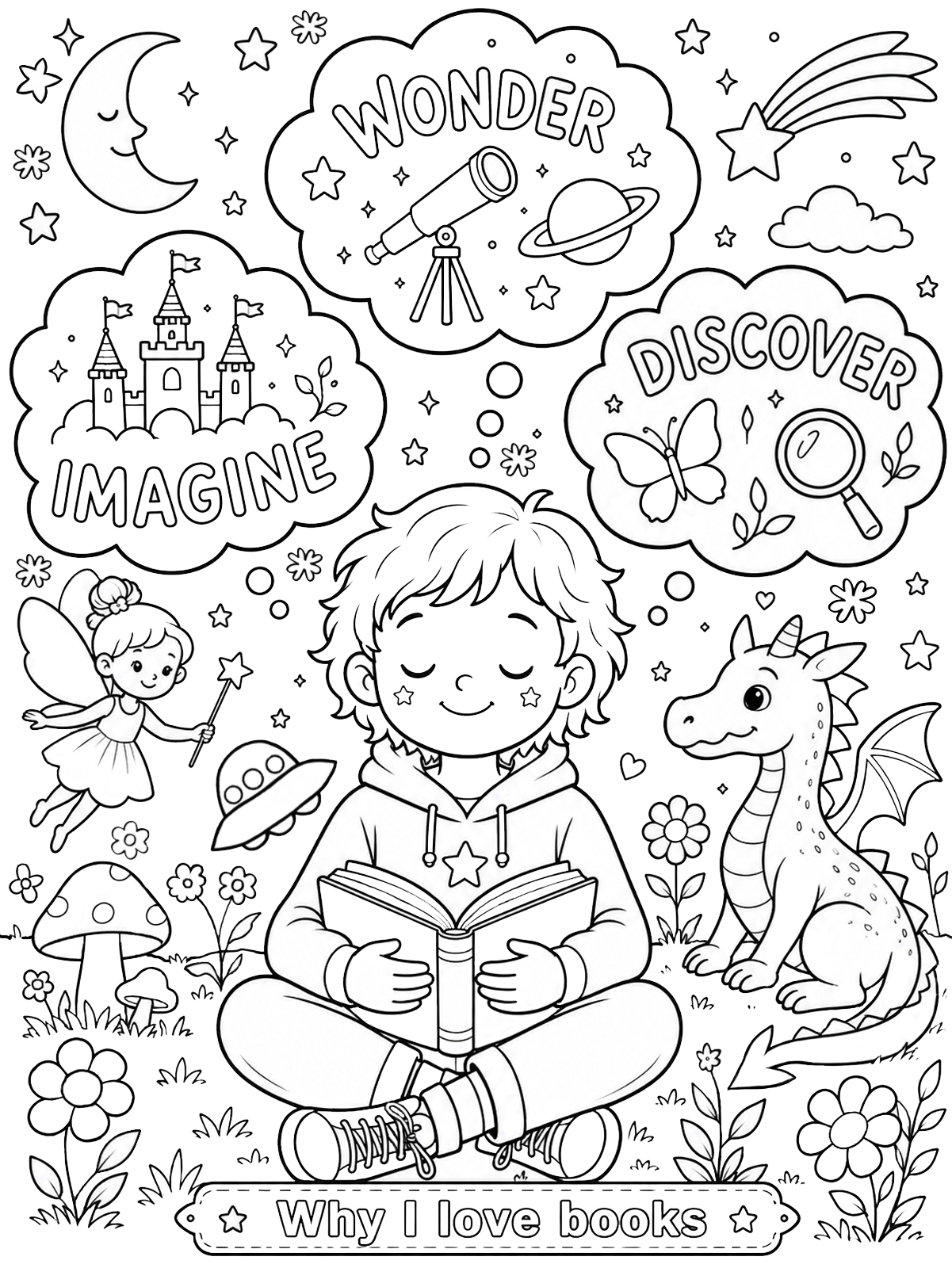 Child reading a book while thinking about wonder, imagination and discovery in a positive thoughts colouring page for children.