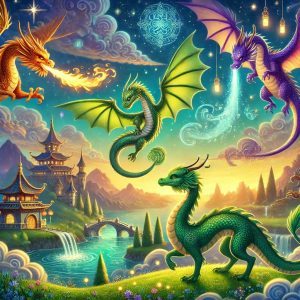 A magical fantasy illustration featuring various dragons, including a fire-breathing dragon, a shimmering water dragon, a playful green dragon, and an elegant Chinese dragon, set in a mystical landscape with an enchanted castle and floating islands.