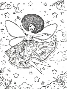 A Black fairy with Afro hair, smiling as she flies through the clouds in a flowing dress decorated with leaves and stars.