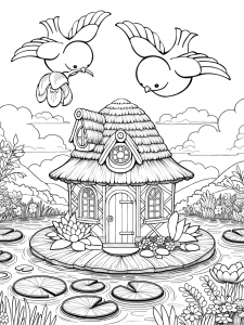 A magical colouring page of a fairy house on a lily pad, with two birds flying above and lily pads floating on a pond, surrounded by flowers and hills.