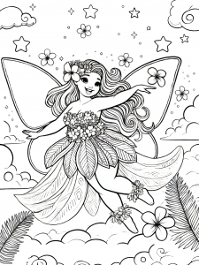 Smiling fairy with tropical flowers in her hair and a leafy dress, flying through the clouds with stars, plumeria blossoms, and palm fronds around her.