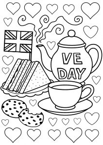 Black-and-white VE Day colouring page for kids featuring a teapot marked VE Day, a teacup, sandwiches on a plate with a Union Jack flag, and biscuits, surrounded by hearts.