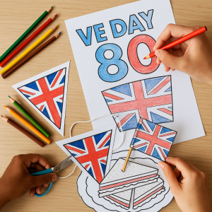 Hands of different skin tones colouring and cutting out VE Day 80 printables, including Union Jack bunting and a sandwich colouring sheet, on a wooden table with coloured pencils and scissors.