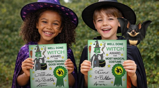 Two children dressed as witches holding free printable Well Done Witch certificates for Halloween.