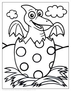 Baby pterodactyl dinosaur hatching from a spotted egg colouring page for children.