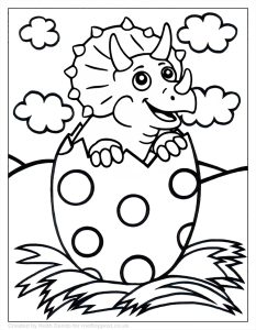 Baby Triceratops dinosaur hatching from a spotted egg colouring page for children.