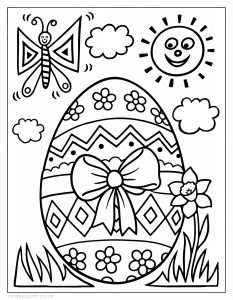 Patterned Easter egg with a ribbon bow, butterfly and smiling sun colouring page for children.