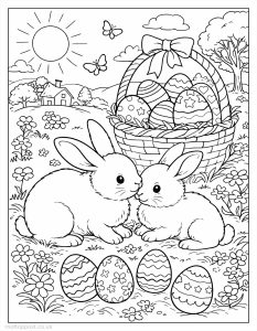 Children's colouring page featuring two Easter bunnies sitting beside a basket full of decorated Easter eggs, with flowers all around, the sun beaming down and a house in the background.