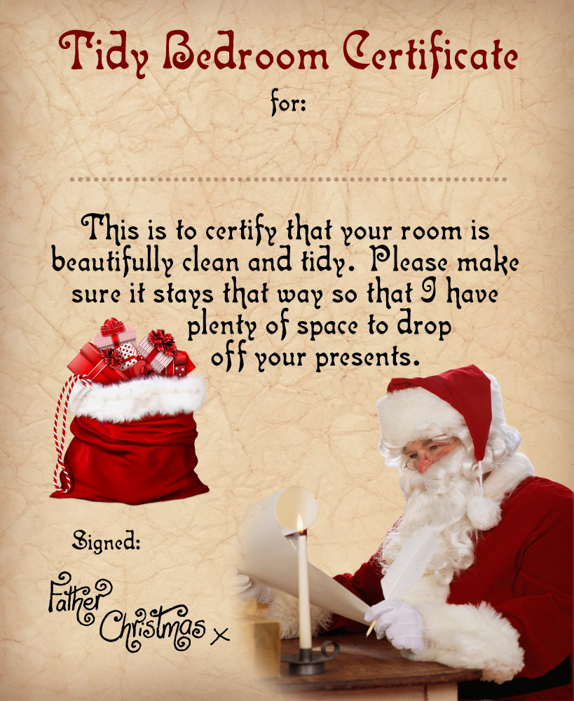 Certificate from Father Christmas to open before Christmas Eve saying well done for having a tidy bedroom