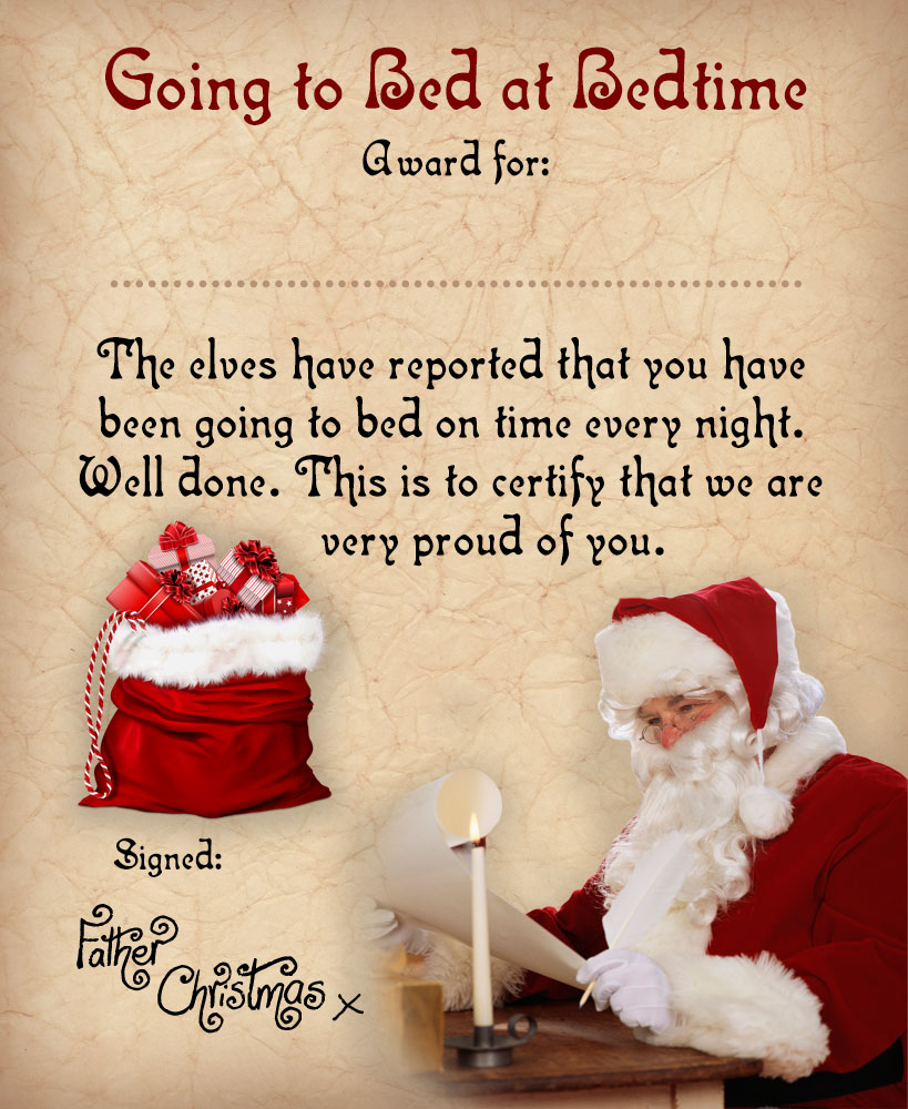 Printable certificate you can personalise for your child, congratulating him or her for going to bed at bedtime