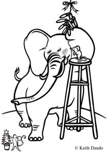 Kids colouring page of a mouse and an elephant kissing under the mistletoe