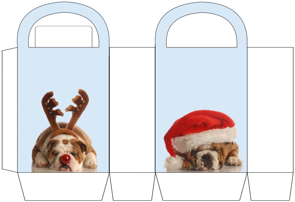 Amusing Christmas party bag with cute dogs on to print out and make
