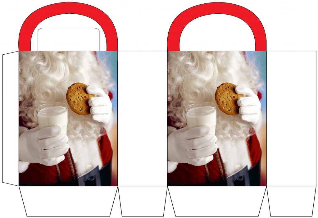 Free printable party bag showing a magical picture of Santa holding a glass of milk and a cookie
