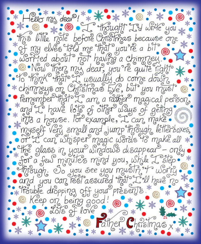 A note from Father Christmas letting a child know not to worry if he or she doesn't have a chimney