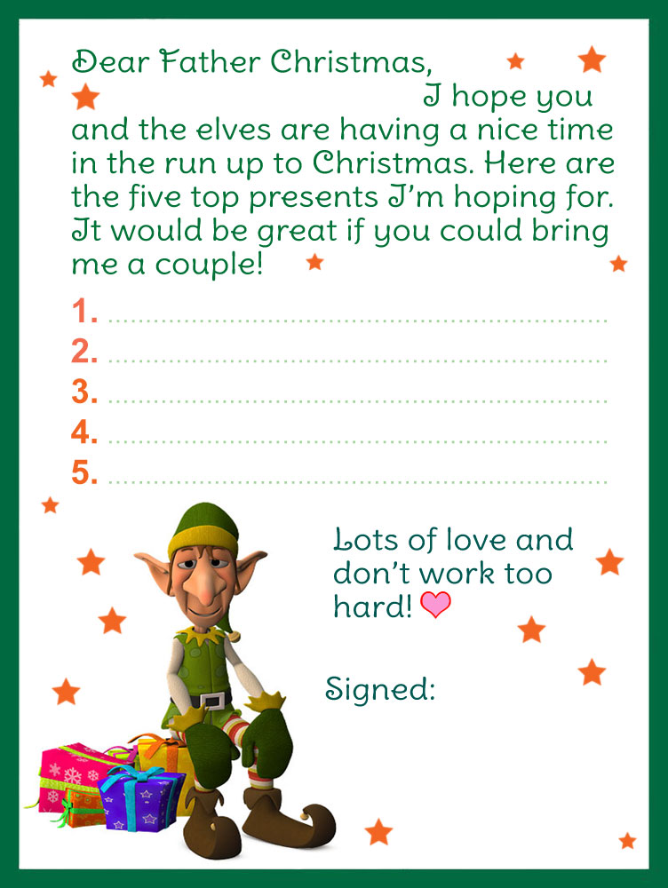Template of a letter to Father Christmas with a colourful elf design