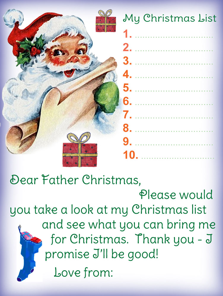Printable letter to Father Christmas listing the presents your child would like him to bring