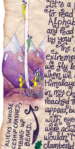A hand-painted illustration from one of Santa's letters. It tells the story of how he encountered and rescued a group of tiny aliens on Christmas Eve.