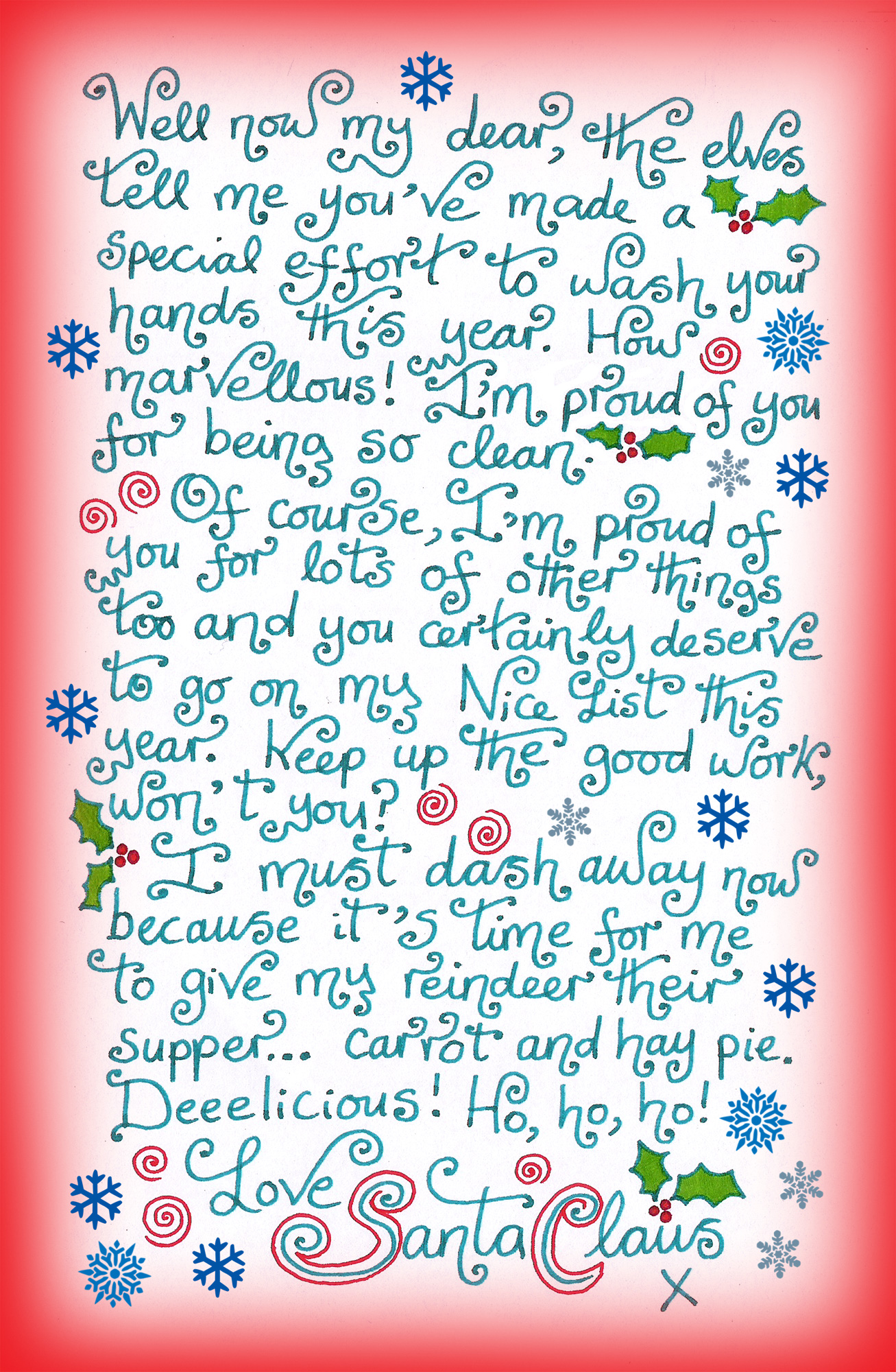A printable note from Santa saying well done for washing your hands