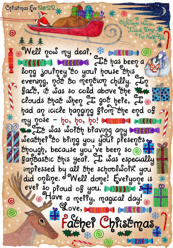 This is a free printable letter from Father Christmas which congratulates a child for doing their schoolwork online. It was written for Christmas 2020, with the Covid-19 pandemic in mind.