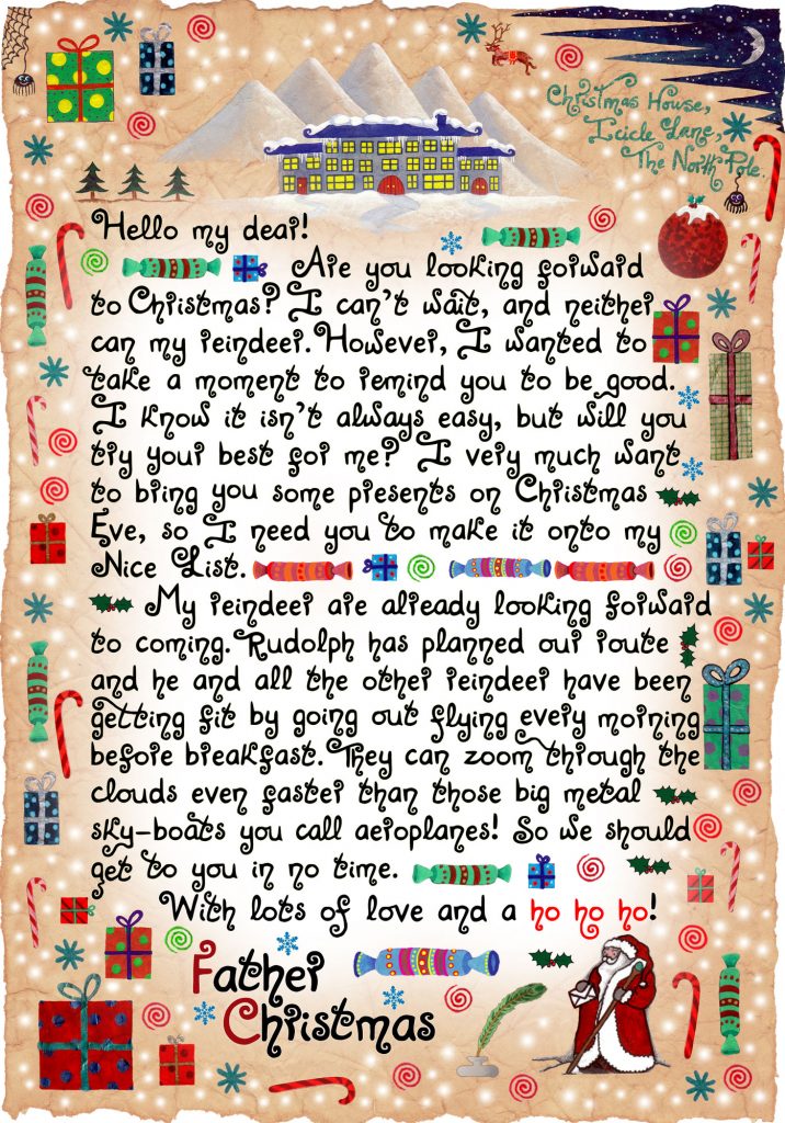 This is a simple, illustrated Father Christmas letter, asking a child to try their best to be good. It is free to print out for your child.
