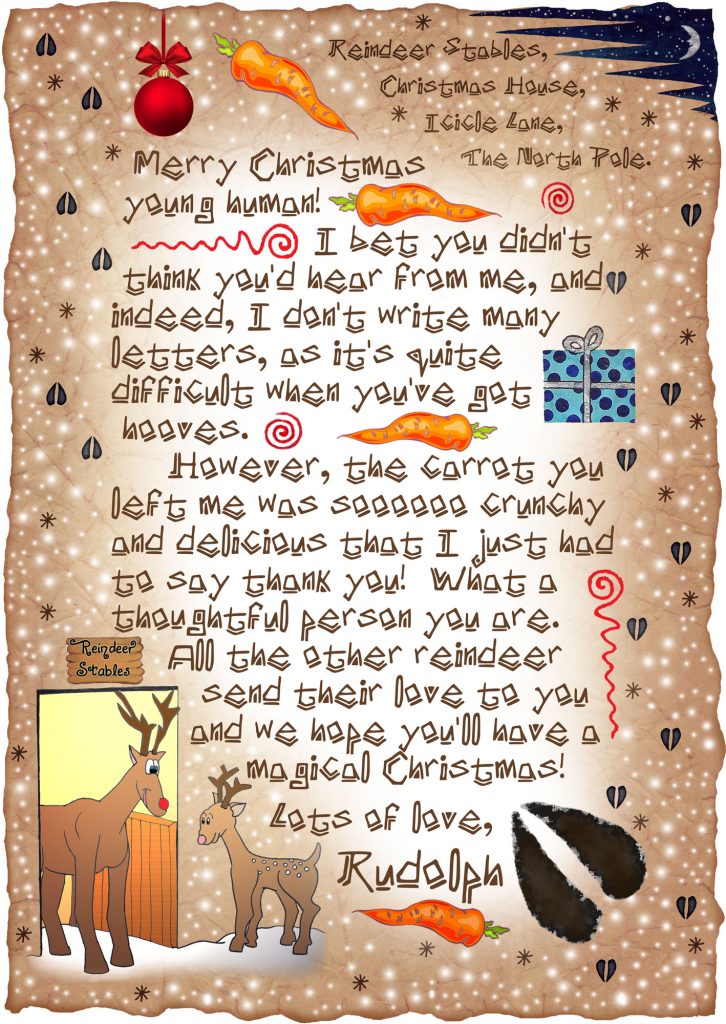 A printable letter from Rudolph the Reindeer, saying thank you to a child who has been thoughtful enough to leave a carrot out on Christmas Eve.
