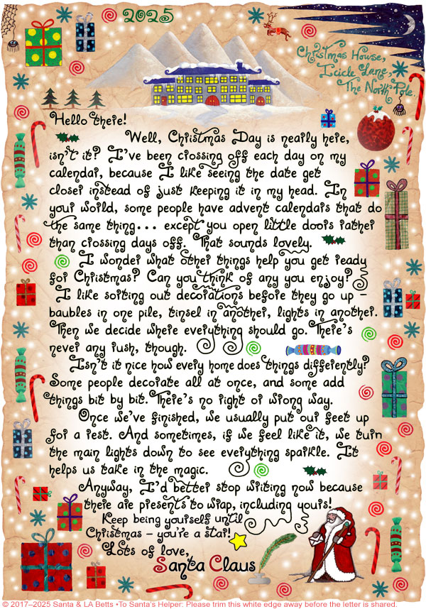 A printable Santa letter for autistic or neurodivergent children who enjoy decorating for Christmas, with cheerful illustrations and inclusive wording.