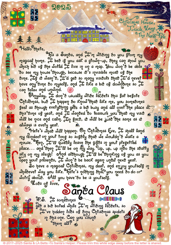 A printable calming letter from Santa Claus for autistic or neurodivergent children, with bright Christmas illustrations and reassuring wording.